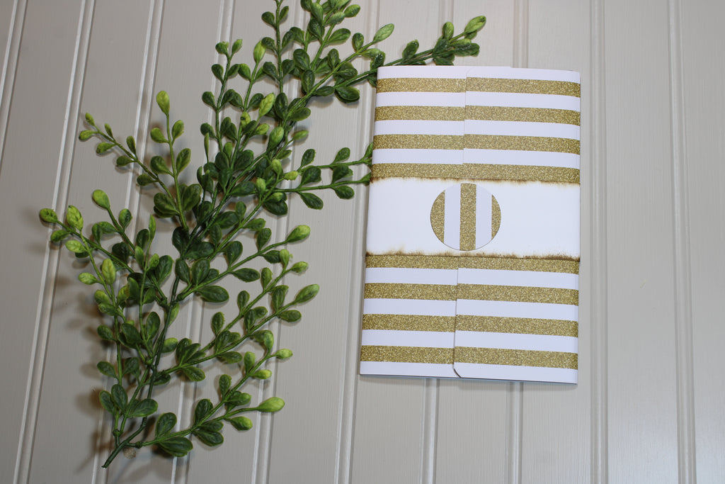 Handmade Daily Notes Folio – 5x8 Legal Pad - Glitter Gold and White Stripe