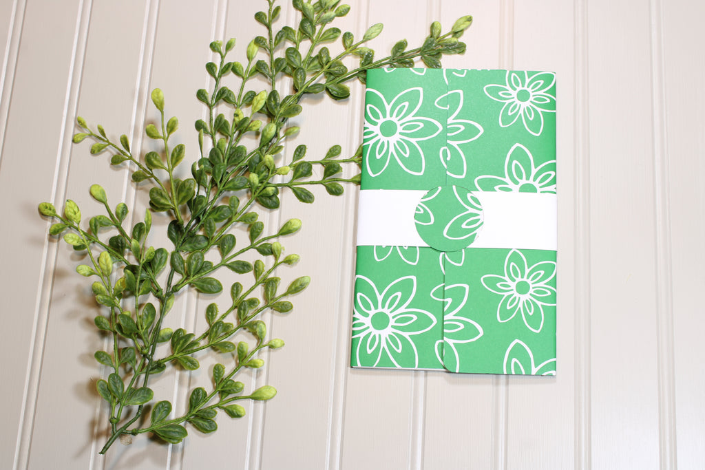 Handmade Daily Notes Folio – 5x8 Legal Pad - Green with White Flowers